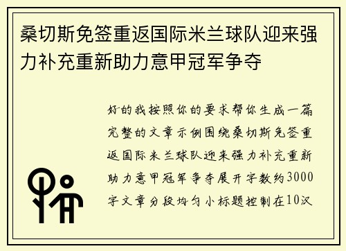 桑切斯免签重返国际米兰球队迎来强力补充重新助力意甲冠军争夺